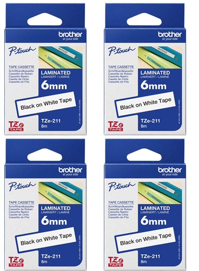 بروذر Brother Genuine P-touch TZE-211 Label Tape 1, 1/4" (0.23") Standard Laminated P-touch Tape, Black on White, Laminated for Indoor or Outdoor Use, Water Resistant, 26.2 Feet (8M), 4-Pack - Image 1