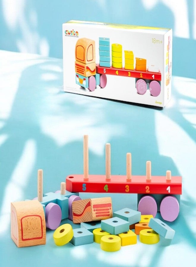 Cubika Wooden Geometric Shapes Truck- Montessori Toy for Toddlers Ages 3+- Shape Sorter and Stacking Truck Building Toy- FSC-Certified Wood, German Water-Based Paints, Travel-Friendly - Image 2