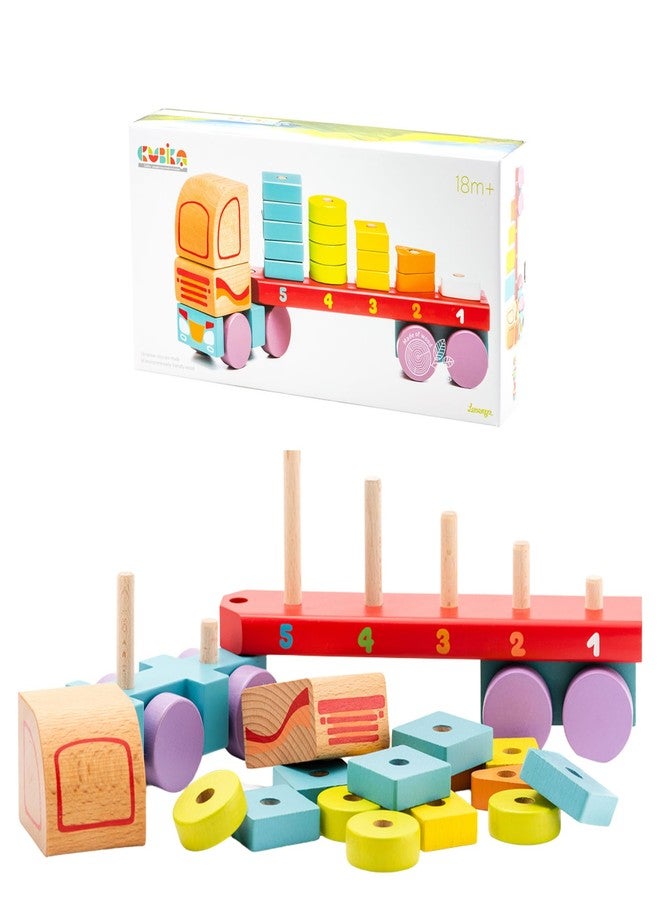 Cubika Wooden Geometric Shapes Truck- Montessori Toy for Toddlers Ages 3+- Shape Sorter and Stacking Truck Building Toy- FSC-Certified Wood, German Water-Based Paints, Travel-Friendly - Image 1