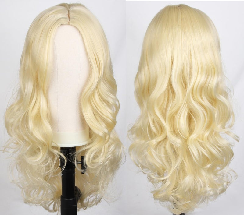 RightOn Blonde Wig Long Wavy Wig Charming Full Synthetic Wigs for Women Natural Curly Hair Light Blonde Long Wigs with Hairnet