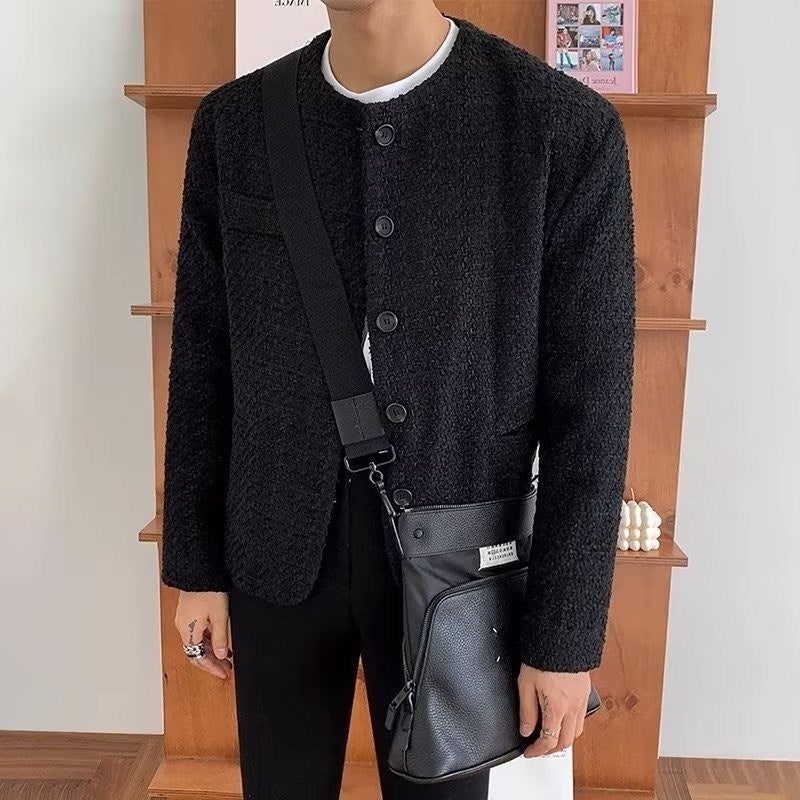 Chanel Style Mens Loose Casual Jacket Spring and Autumn Korean Style Fashionable Slim-fit Lap-collar Long-sleeved Jacket for Men A122-Black 