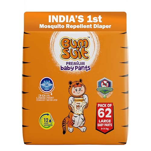 Bumsuit Premium Baby Pants Diapers Large (L), 62 Count | 9–14 kg | Mosquito Protection, 12-Hour Absorbency, Soft Breathable Fabric, Elastic Waistband, Rash-Free Comfort, Stylish Baby Diapers - Image 1