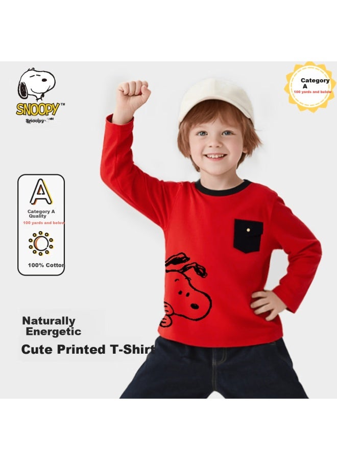 Snoopy Children's Autumn Pure Cotton Long Sleeve T-shirt Comfortable Fashion New Year Festive Top Red Curious Size 140