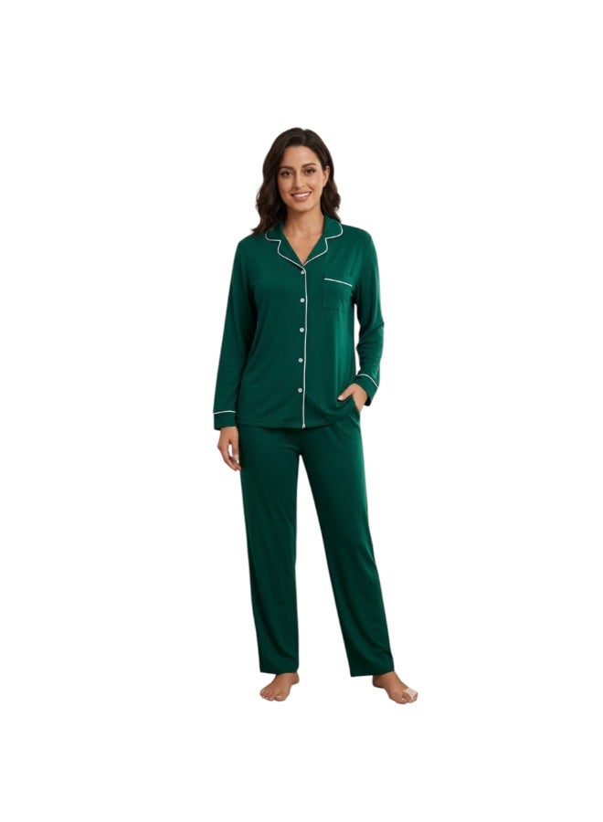 ZECOTEX Women's Classic Cotton Pajama Set - 2-Piece (Button-Down Shirt & Pants) - Elegant Piping Detail - Sizes S to 3XL - Emerald Green