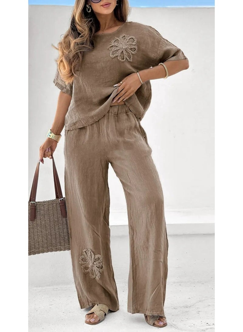 general TIAFORD Womens Summer Linen 2 Piece Outfits Sunflower Short Sleeve Top and High Waist Wide leg Pants Trendy Casual Loose Sets - Image 1