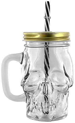 Puckator Skull Design Drinking Glass Jar with Reusable Straw and Metal Lid  ClearBlackWhiteMetallicGold