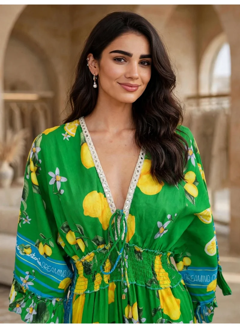 اكسا IKKXA Elegant Vibrant Botanical V-Neck Flared Dress