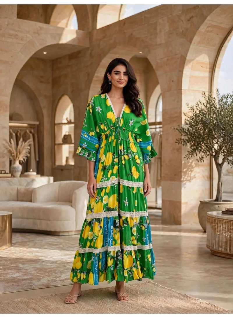 اكسا IKKXA Elegant Vibrant Botanical V-Neck Flared Dress