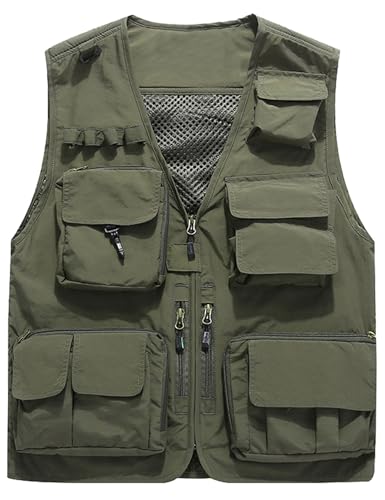 Flygo Men's Casual Lightweight Outdoor Fishing Work Safari Travel Photo Cargo Vest Jacket Multi Pockets(X-Large, Army Green) - Image 1