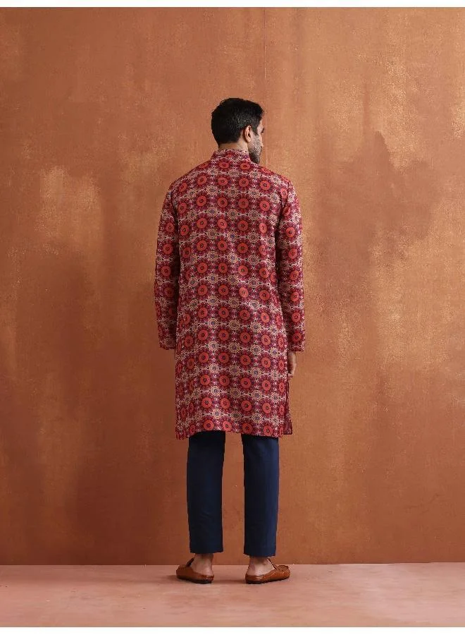 ترو برونز Men's Beige Printed Kurta