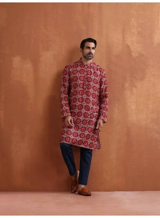 ترو برونز Men's Beige Printed Kurta