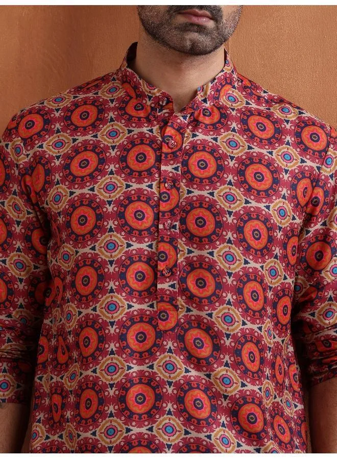 ترو برونز Men's Beige Printed Kurta
