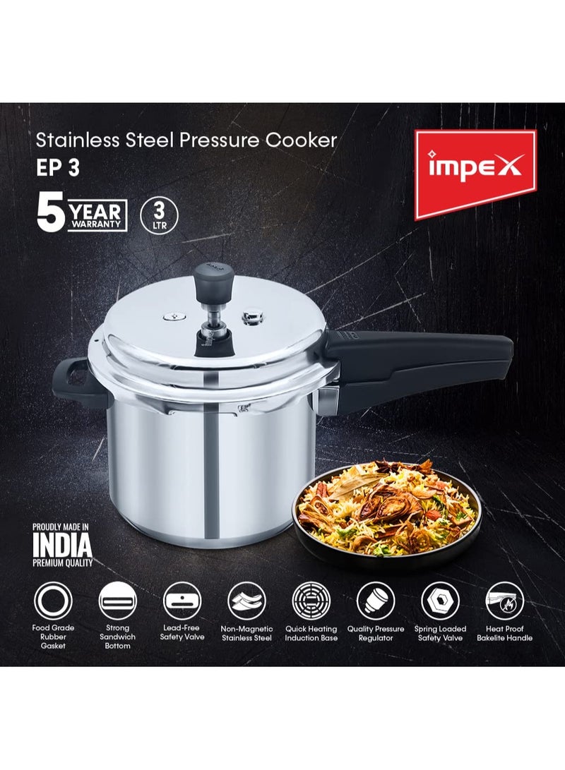 Impex 3 Litres Stainless Steel Pressure Cookers Induction Base, SS Pressure Cookers with High Grade Stainless Steel, Food Grade Interior, Healthy Cooking, 5 Years Warranty (3 Litres - SS Cooker) - Image 3