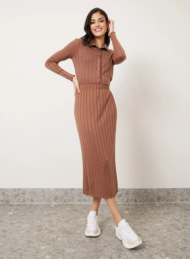Styli Soft Touch Ribbed Knit Top with Button Placket