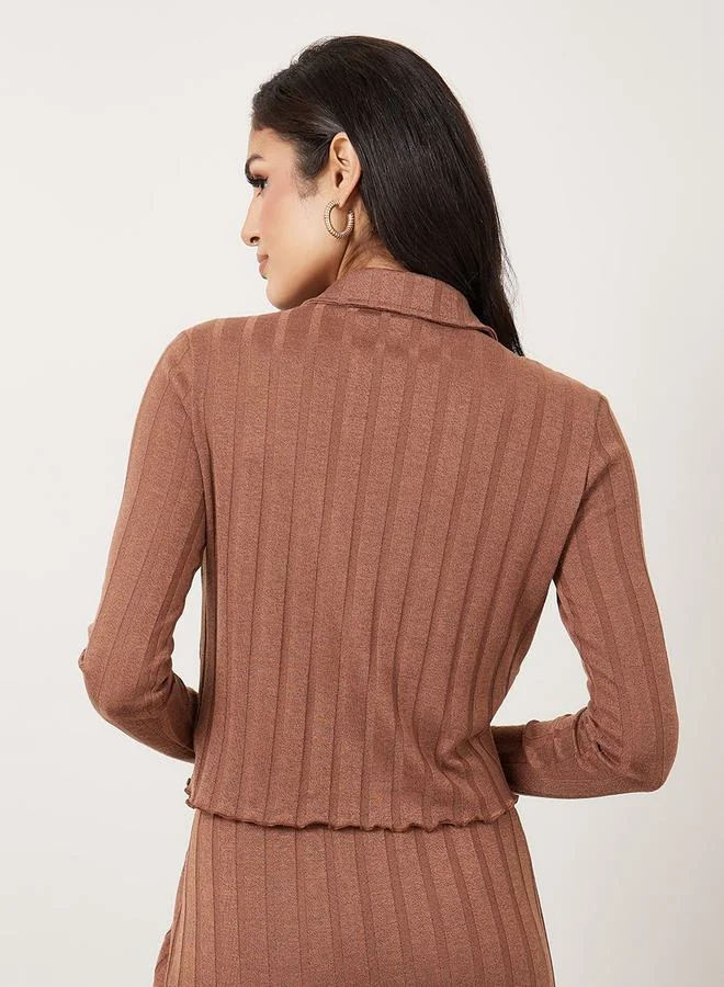 Styli Soft Touch Ribbed Knit Top with Button Placket