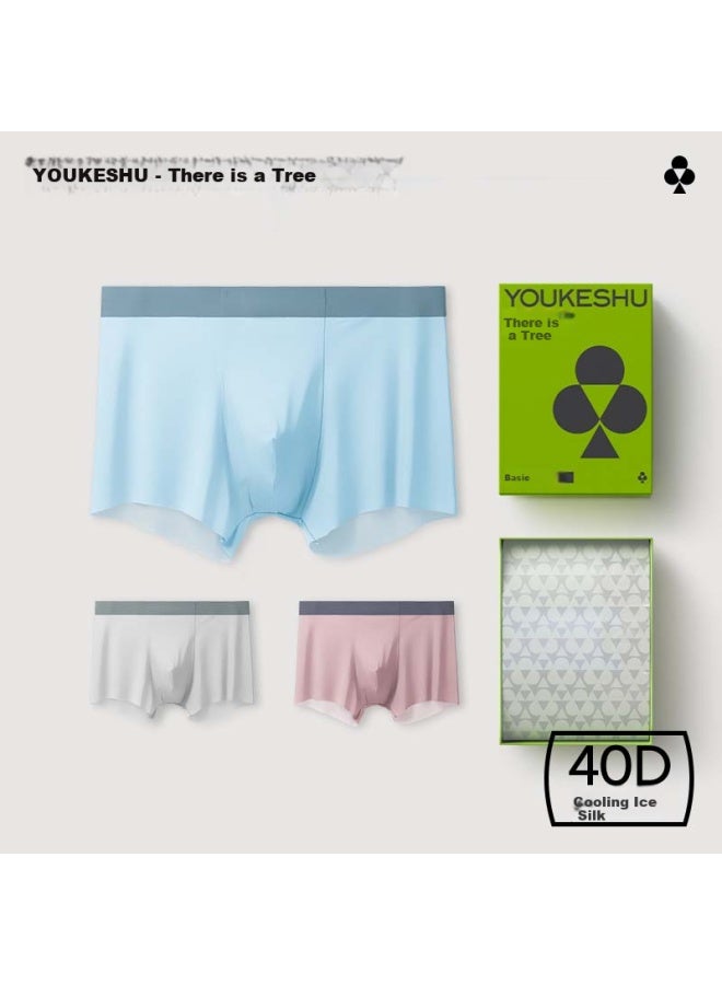 Youkeshu Men's Ice Silk Flat Angle Cotton Crotch Breathable Seamless Boxer Briefs Ice Blue + Coral Gray + Begonia Color 2XL - Image 2
