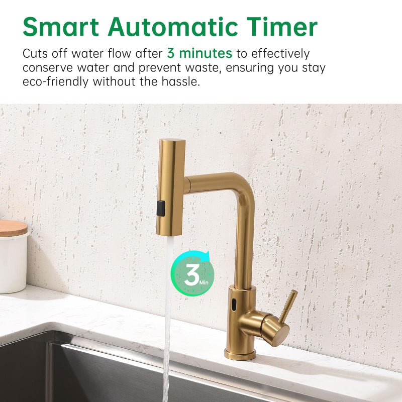 CENOSA Touchless Kitchen Faucet Motion Sensor Hands Free Single Handle Kitchen Sink Faucet with Pull Down Sprayer Brusshed Gold - Image 3