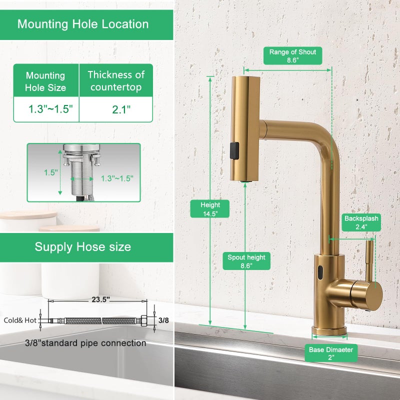 CENOSA Touchless Kitchen Faucet Motion Sensor Hands Free Single Handle Kitchen Sink Faucet with Pull Down Sprayer Brusshed Gold - Image 2