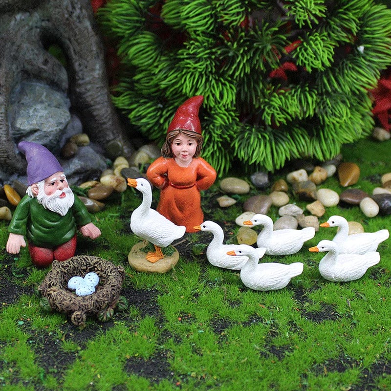 Fairy Tale Garden Accessories Miniature Gnome Statue and Large White Goose Statue Set 9 Pieces Planter and Home Decoration