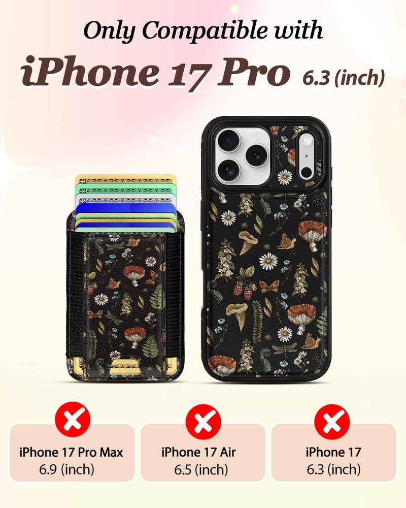 Shorogyt for iPhone 17 Pro Case Wallet - Fits 5 Cards, Compatible with Magsafe Detachable Magnetic Credit Card Holder Leather Cardholder Cute Phone Cover Women Girls for Apple 17Pro, Mushroom - Image 2