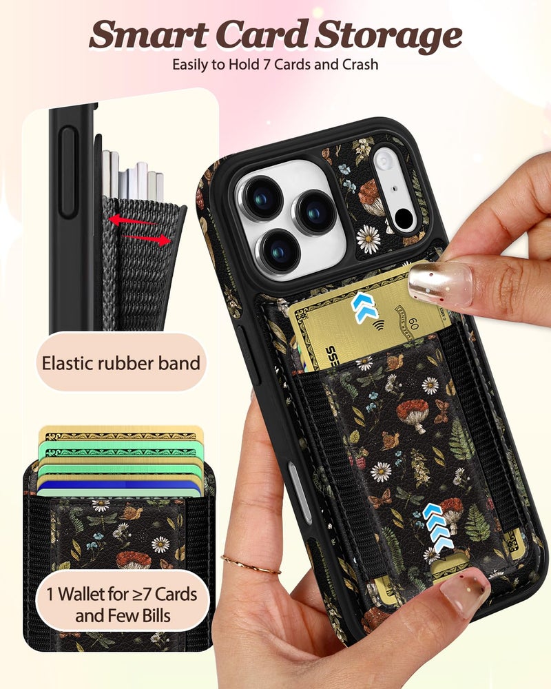 Shorogyt for iPhone 17 Pro Case Wallet - Fits 5 Cards, Compatible with Magsafe Detachable Magnetic Credit Card Holder Leather Cardholder Cute Phone Cover Women Girls for Apple 17Pro, Mushroom - Image 3