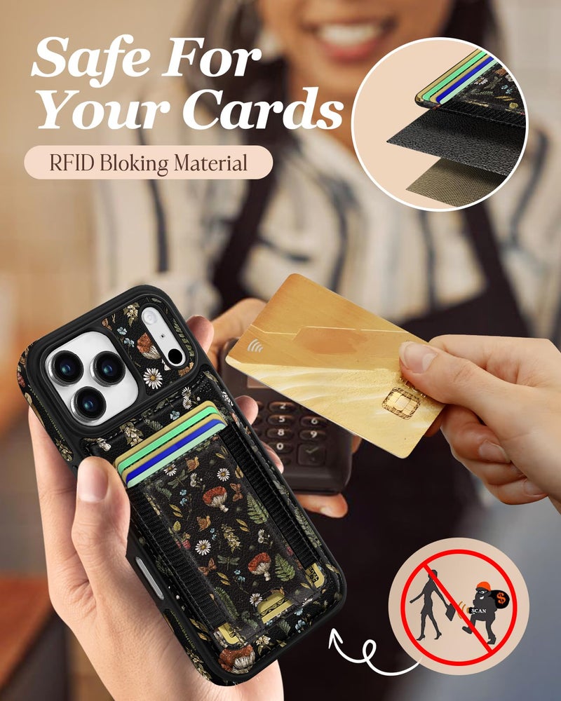 Shorogyt for iPhone 17 Pro Case Wallet - Fits 5 Cards, Compatible with Magsafe Detachable Magnetic Credit Card Holder Leather Cardholder Cute Phone Cover Women Girls for Apple 17Pro, Mushroom - Image 5