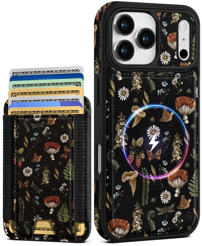 Shorogyt for iPhone 17 Pro Case Wallet - Fits 5 Cards, Compatible with Magsafe Detachable Magnetic Credit Card Holder Leather Cardholder Cute Phone Cover Women Girls for Apple 17Pro, Mushroom - Image 1