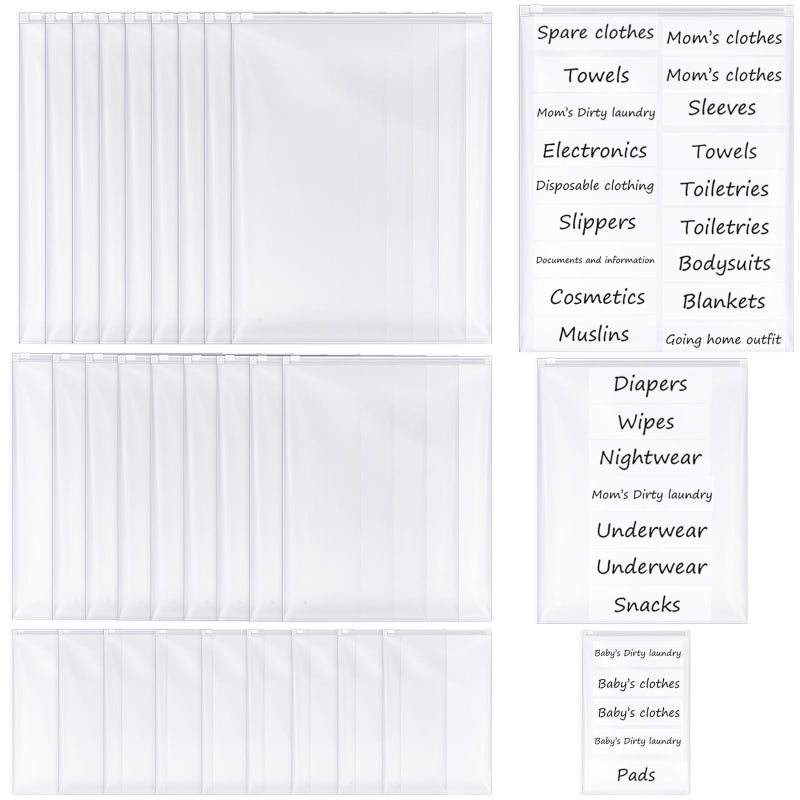 Honoson 30 Pcs Hospital Bags for Labor and Delivery with Stickers Resealable Hospital Essentials Organizing Pouches Frosted Zipper Plastic Mommy Maternity Bag for Newborn First Time Baby Shower - Image 2