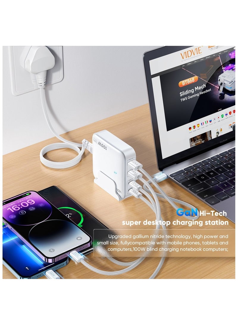 فيدفي شاحن مكتبي قوي بقدرة 100 واط بمنفذين تايب سي ومنفذين يو اس بي يدعم الشحن السريع لأكثر من جهاز مع توزيع ذكي للطاقة وتصميم آمن مقاوم للاشتعال. مناسب لمختلف الأجهزة مثل الجوالات والتابلت واللابتوبات. - Image 2