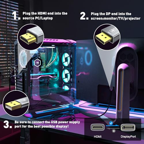 UANTIN Active HDMI to DisplayPort Cable (4K 60Hz,1080p@120Hz) 6FT Uni-Directional HDMI 2.0 Computer to DP 1.2 Screen Adapter Display Port Cord Compatible with PC,Laptop,AMD,NVIDIA,PS5 - Image 3