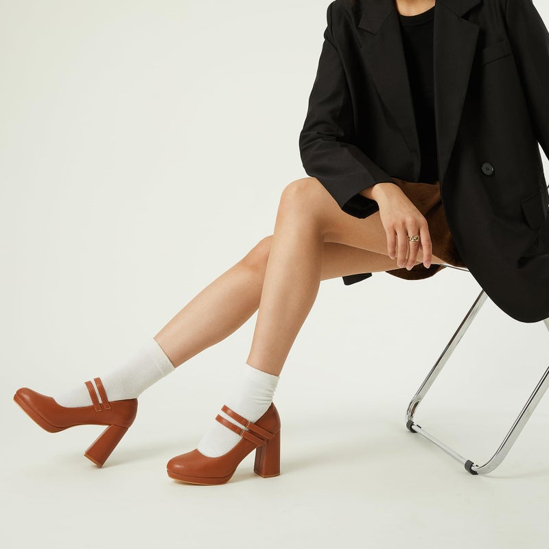 Trary Brown Heels for Women Mary Jane Shoes Platform Chunky Block High Heels with Buckle Strap Comfortable Dress Pumps for Office Party Casual Round Toe Pumps Shoes, Size 8 - Image 2