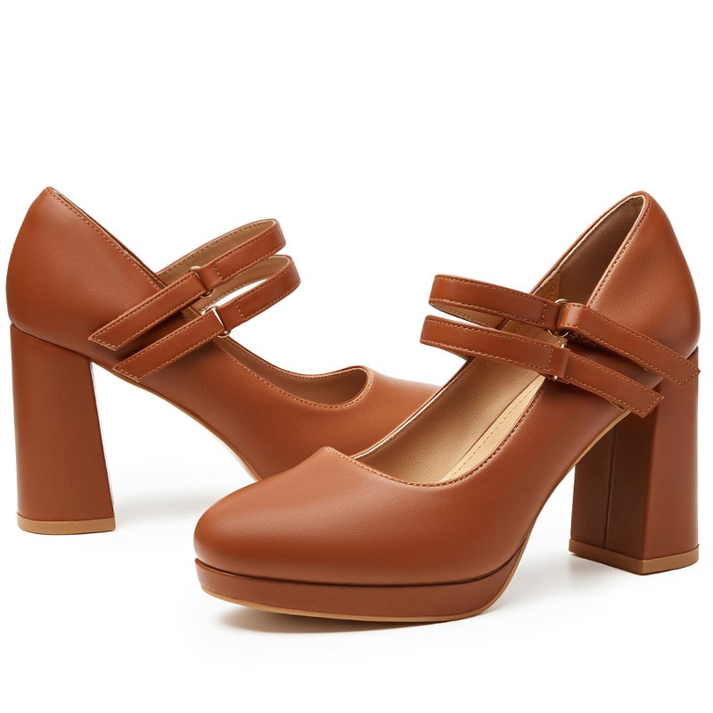 Trary Brown Heels for Women Mary Jane Shoes Platform Chunky Block High Heels with Buckle Strap Comfortable Dress Pumps for Office Party Casual Round Toe Pumps Shoes, Size 8 - Image 1