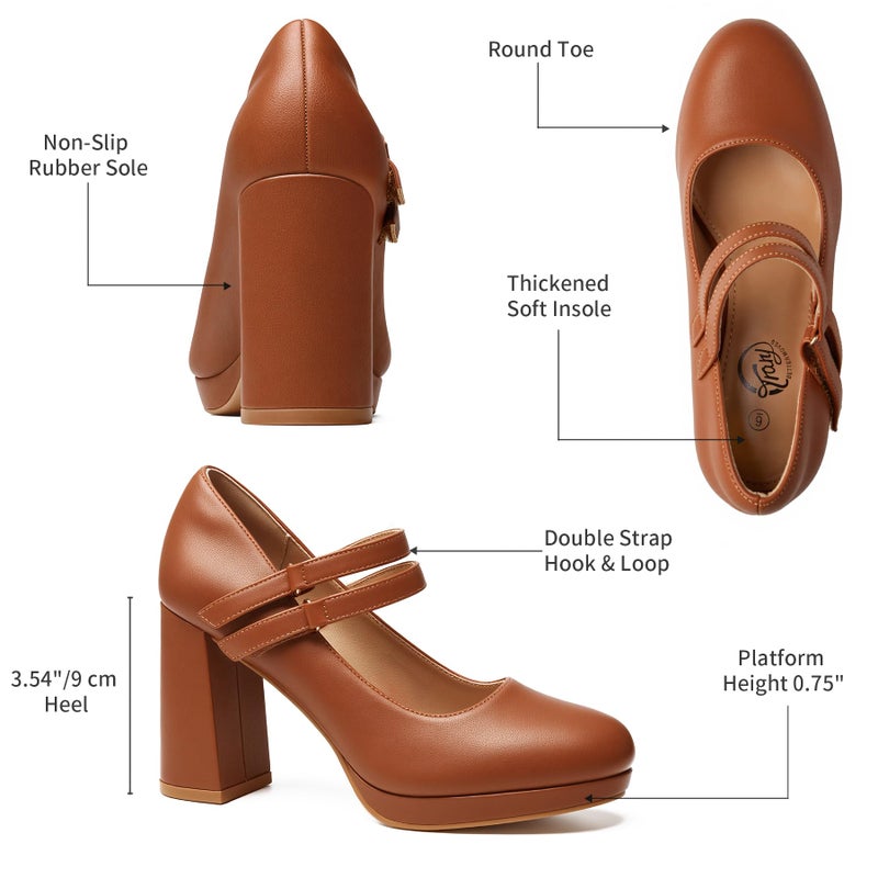 Trary Brown Heels for Women Mary Jane Shoes Platform Chunky Block High Heels with Buckle Strap Comfortable Dress Pumps for Office Party Casual Round Toe Pumps Shoes, Size 8 - Image 4