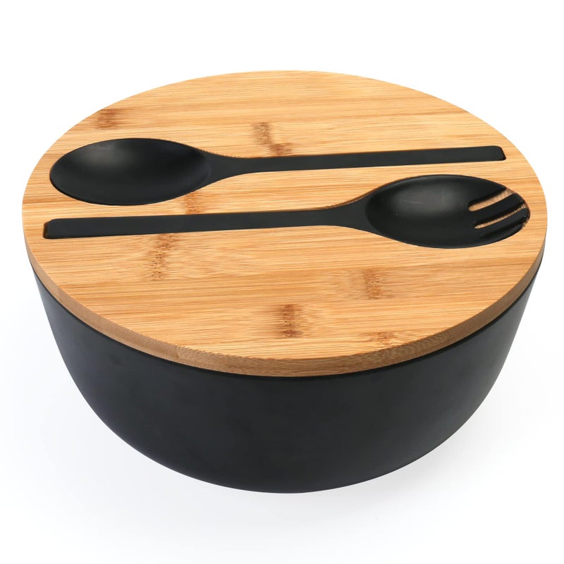 ShineMe Black Salad Bowl Set 98inches Large Bamboo Fiber Salad Bowl With Lid and UtensilsSpoon  Fork Solid Mixing Bowl For Serving Pasta Fruits Vegetables Bread and Chips