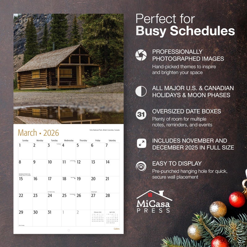 MICASA PRESS Cabins 2026 Wall Calendar 12 Month | 12" x 24" Open | Thick & Sturdy Paper | Holiday Gift | Log Cabin Life Travel Calendar 2026 - Image 2