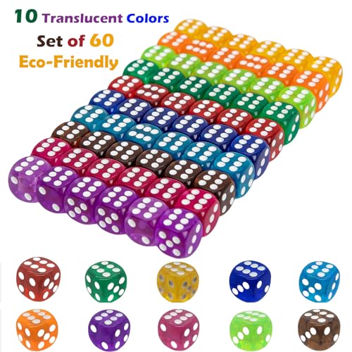 AiFanS 60 Pieces 16MM Dice Set 6 Sided Standard Game Dices with Portable Box for Board GamesWorker PlacementMath ActivitiesTranslucent Round Corners10 Colors - Image 5