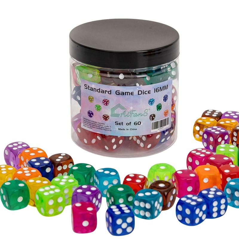AiFanS 60 Pieces 16MM Dice Set 6 Sided Standard Game Dices with Portable Box for Board GamesWorker PlacementMath ActivitiesTranslucent Round Corners10 Colors - Image 3
