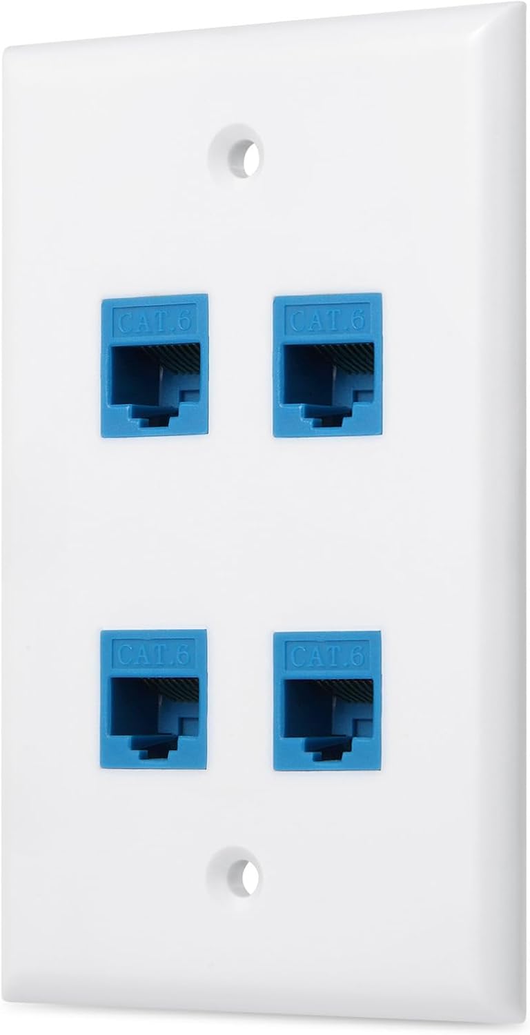 Phizli Ethernet Wall Plate 4 Port, Cat 6 Ethernet Wall Outlet Female-Female, Compatible with Cat7/6/6e/5/5e RJ45 Jack Keystone Inline Coupler Wallplate Devices - Ethernet Plug In Wall Outlet - Blue - Image 1