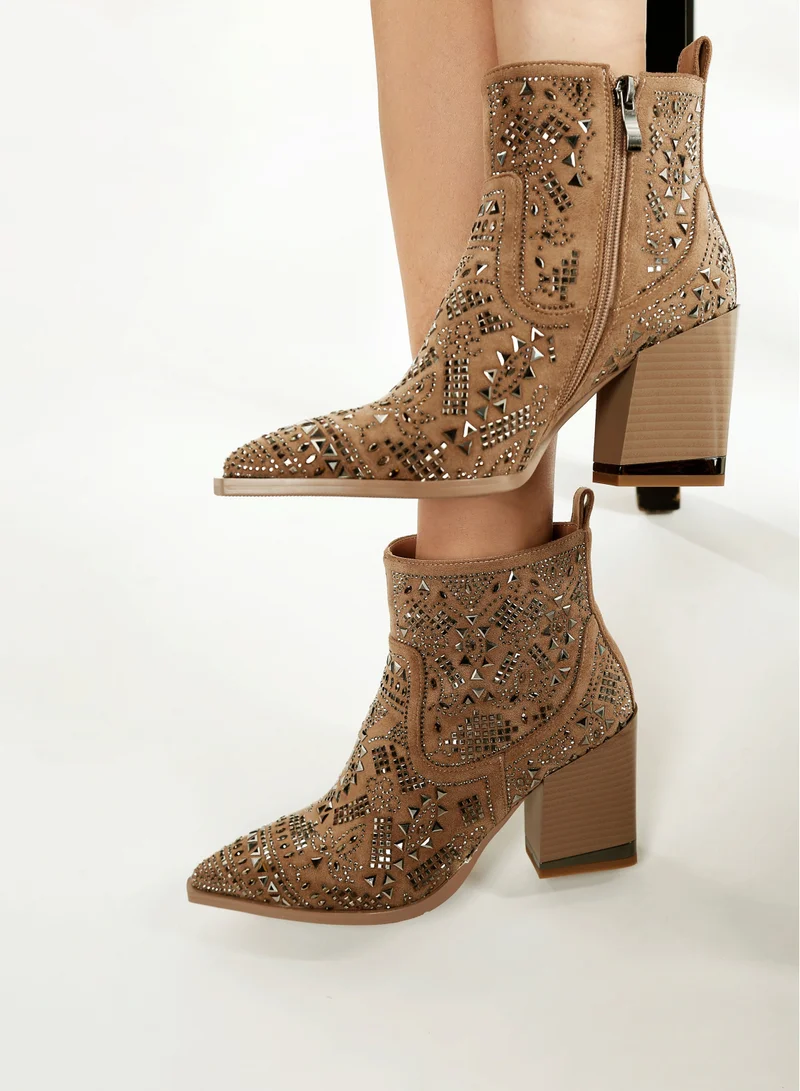 London Rag Stud Embellished Ankle Boots in Beige