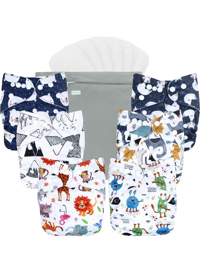 Wegreeco Washable Reusable Baby Cloth Pocket Diapers 6 Pack + 6 Bamboo Inserts (with 1 Wet Bag, Cool Animals) - Image 1