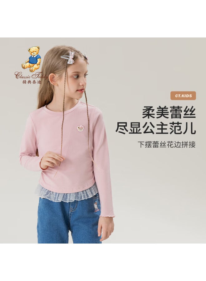 Classic Teddy Girls' T-shirt Children's Base Shirt Mid-child Spring Sweet Lace Trim Top Pink 110