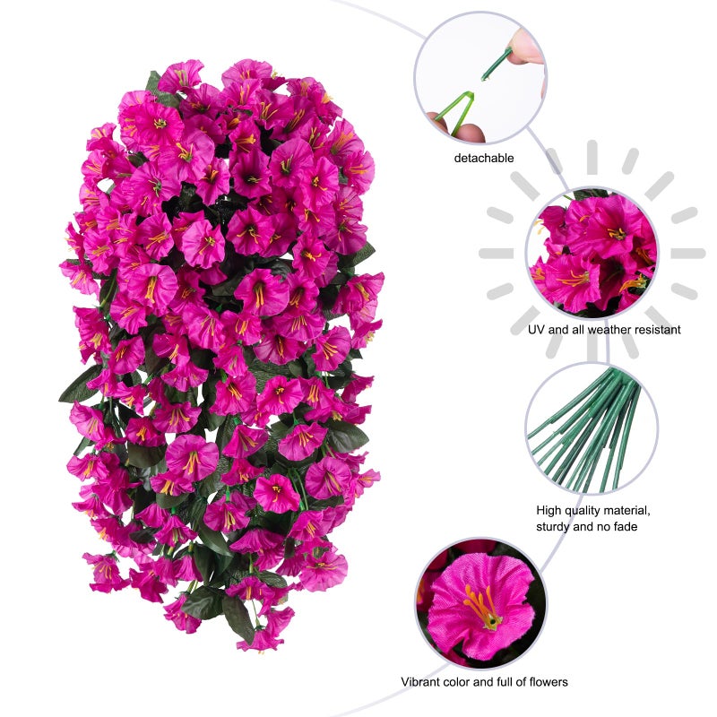 florisso Artificial Faux Plants Flowers for Outdoor Outside Spring Summer Decoration  2 PCS Fake Silk Fuchsia UV Resistant Realistic Morning Glory Long Trailing Vines for Hanging Planter Porch Patio - Image 3
