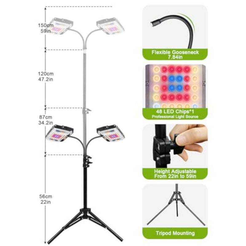 2-أضواء نمو الرؤوس للنباتات الداخلية - طيف كامل 96LEDs مصباح نباتي قائم مع قاعدة قابلة للتعديل 3/6/12H مؤقت 10 مستويات السطوع للزراعة الد - Image 2