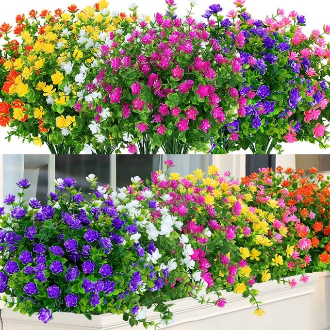 24 Bundles Outdoor Artificial Flowers UV Resistant Fake Boxwood Plants Faux Greenery for Indoor Outside Hanging Plants Garden Porch Window Box Home Wedding Farmhouse Dcor Mix Color