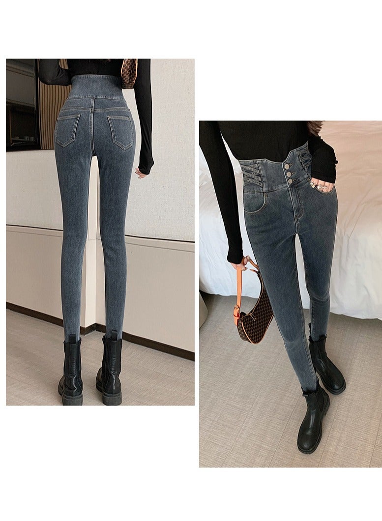 KUYING Ultra-High Waisted Women's Small Foot Pants Slimming Skinny Pencil Pants Belly Lift Jeans  - Image 2