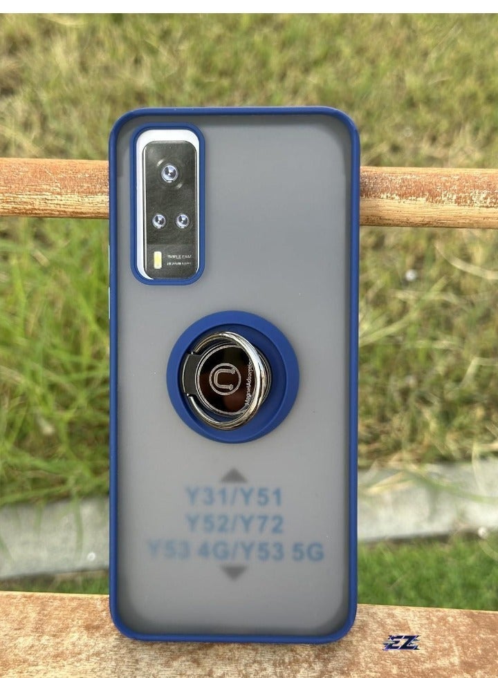 MUNTAQI حافظة متوافقة لهاتف Vivo Y31/Y51/Y52/Y72/Y53 – غطاء خلفي رقيق غير شفاف مع حامل حلقة مغناطيسية دوارة 360° – حافظة حماية كاميرا مضادة للصدمات (أزرق) - Image 2