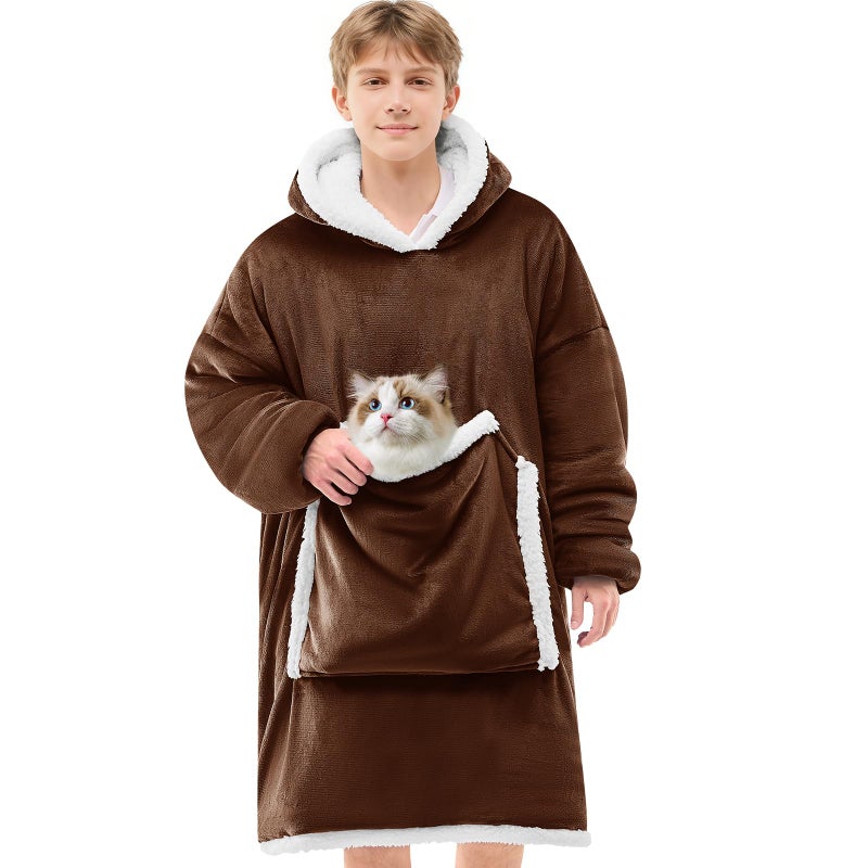 JOYWOO Brown Wearable Blanket Hoodie,Oversized Cat Lovers Sweatshirt Blanket for Adult & Teens,Birthday Gifts for Women Men Mom Girl Boys,Cozy Fuzzy Sherpa Sweatshirt Blanket Giant Pocket Gifts,Small - Image 1