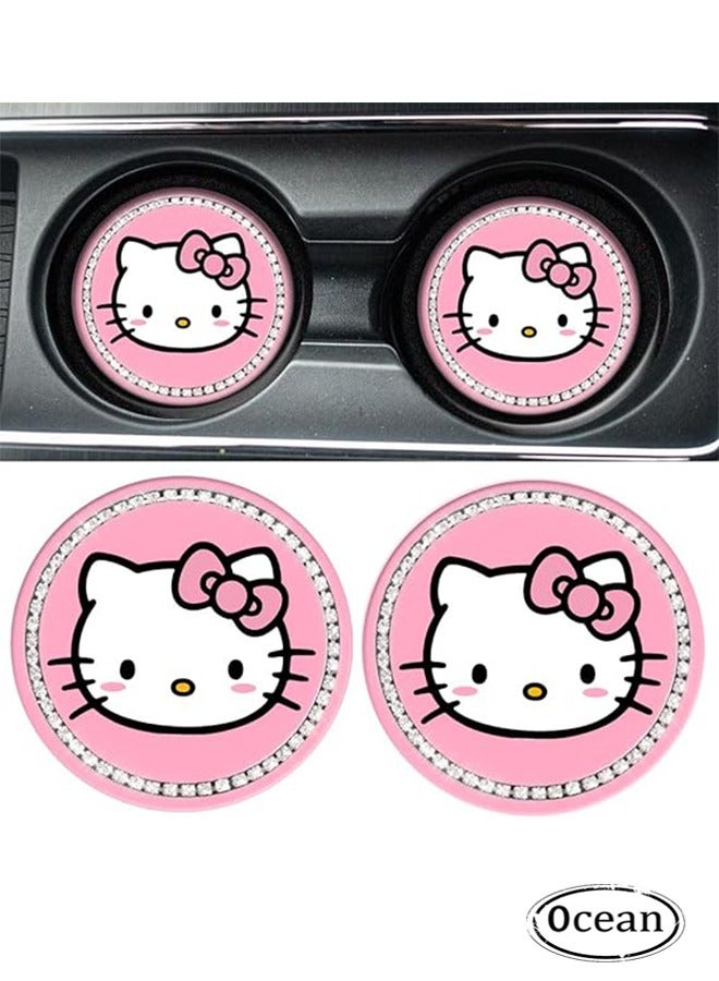 Ocean Kitty Bling Cup Holder Coasters, 2PCS Cute Car Cup Holder Insert Coasters Silicone Non-Slip Bling Rhinestone Car Interior Accessories - Image 1