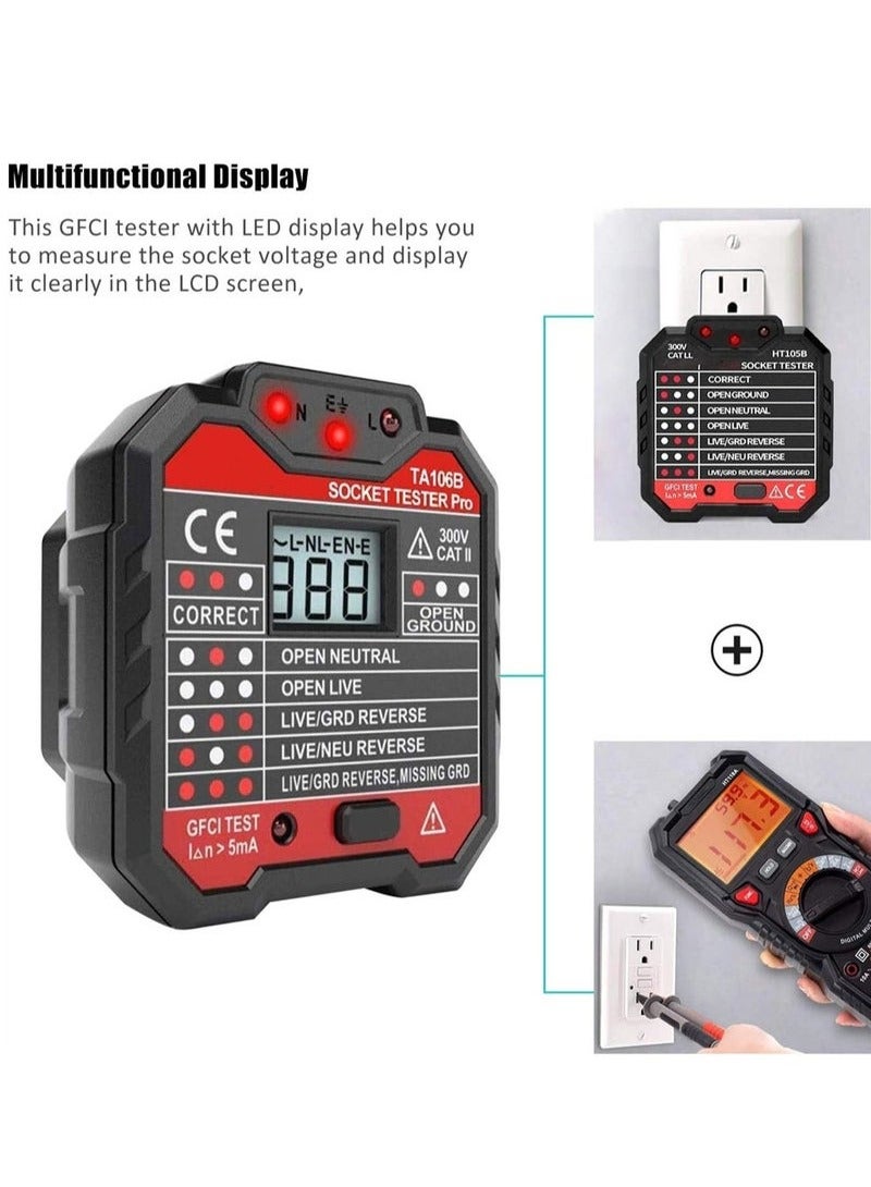 Socket Tester,Advanced RCD Electric Socket Tester Automatic Neutral Live Earth Wire Testing Circuit Polarity Detector Wall Plug Breaker Finder Electric Leakage Test with Voltage Backlight LCD Display - Image 2