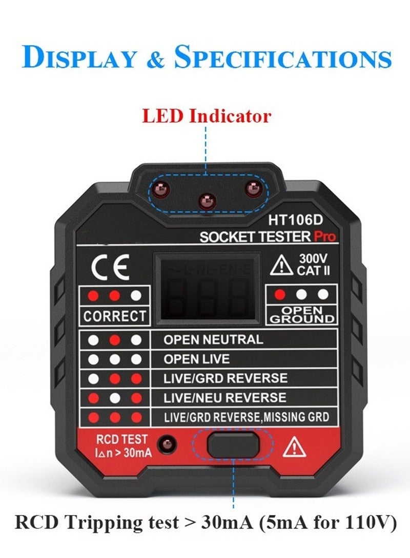 Socket Tester,Advanced RCD Electric Socket Tester Automatic Neutral Live Earth Wire Testing Circuit Polarity Detector Wall Plug Breaker Finder Electric Leakage Test with Voltage Backlight LCD Display - Image 5